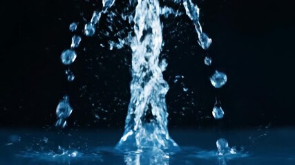 Wall Mural - A dramatic close-up of a slow motion water column rising from an unseen impact, captured with shallow depth of field against a dark backdrop corporate, dramatic, technology