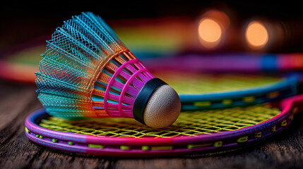 Close-up of colorful badminton shuttlecock and rackets on wooden surface