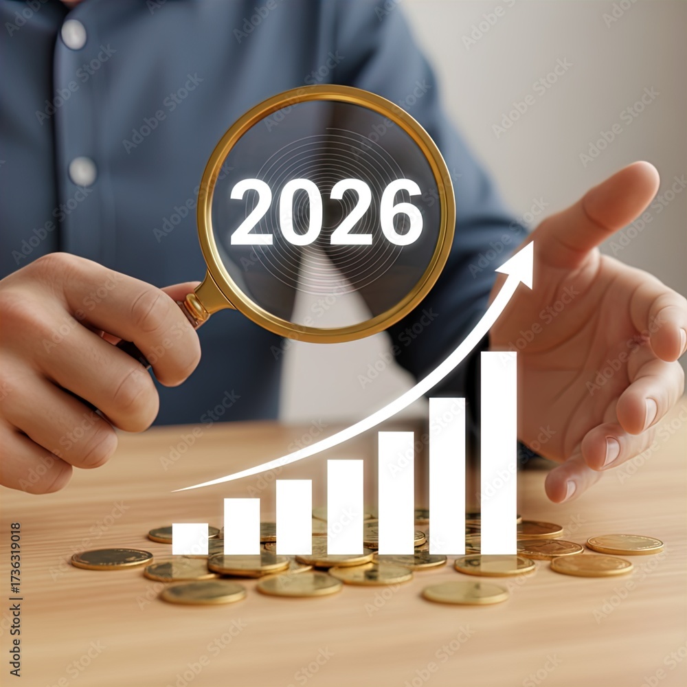 Business Person Analyzing Financial Growth for 2026 with Magnifying ...