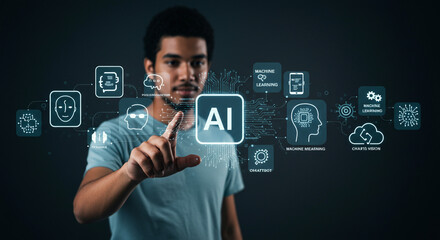 Man interacts with futuristic AI interface showcasing machine learning, chatbot, and vision concepts for digital transformation.