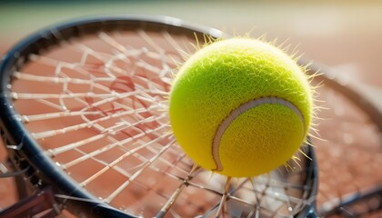Close-up shot of a tennis ball resting on the strings of a tennis racket on a clay court