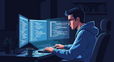 Illustration of a programmer coding on multiple monitors at night software development and engineering job