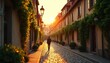 © miss irine - Illustration of person walking in european city street during sunset. Cobblestone road with building walls covered by ivy. Charming scenic cityscape with sun flare. Tourism concept. Golden hour