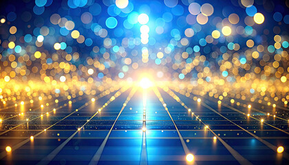 Geometric grid pattern of blue and gold Christmas bokeh lights