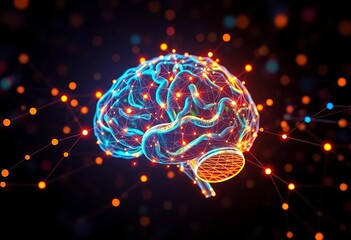 Wall Mural - Abstract glowing network nodes forming AI brain,  data,  science