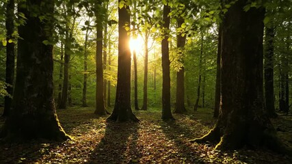 Wall Mural - sunlight filtering through a dense forest canopy, creating moving light and shadow patterns in a pea