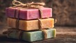 © kirania - Stack of three colorful handmade soaps tied with rustic twine, displaying shades of pink, yellow, and green against a warm, wooden background, showcasing a natural and organic aesthetic in a  shot.