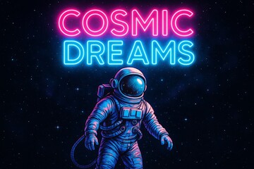 Wall Mural - Neon sign with a man in a spacesuit and the words Cosmic Dreams. The image is of a man in a spacesuit standing in the dark with a bright light shining on him