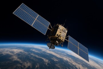 Wall Mural - Satellite is flying in the sky above the Earth. The satellite is blue and has solar panels on it. Concept of wonder and curiosity about space exploration