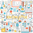 © lembergvector - Colorful line art icons represent knowledge, science, and education concepts including books, lab equipment, and creative tools on a light background vector illustration