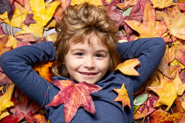 Wall Mural - Autumn kid portrait in fall leaf park. Cute child face in autumn outdoors with cute kids face. Kid enjoying autumn day with yellow maple and oak leaves. Autumn season for kids fun.