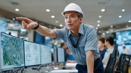 Control Room Authority: In a high-tech control room, a focused engineer with a white hardhat confidently points toward an array of monitors, overseeing critical data with precision and expertise.