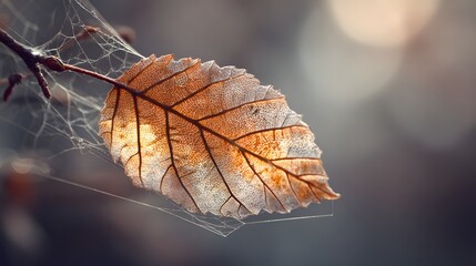 Delicate autumn leaf, with intricate veining, glows gently in the diffused sunlight, enmeshed within a fine, glistening spiderweb, creating a serene and natural composition.