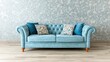 © Minang Art_Studio - A light blue sofa with decorative cushions sits in a room with a light blue floral wallpaper.