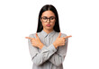 © Vectarica - Confused woman pointing in opposite directions with doubtful expression png image, business decision concept, isolated on transparent background