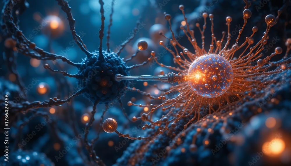 Microscopic view of interconnected neuron cells with an orange glowing ...