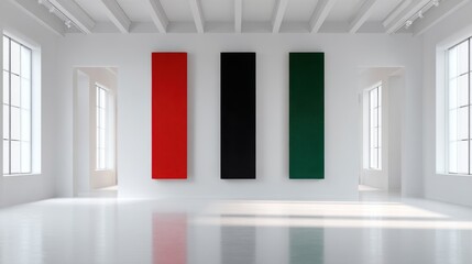 Wall Mural - Modern art gallery with minimalist red, black, and green vertical panels in bright interior