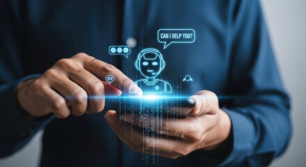 Man using chatbot on smartphone for assistance concept