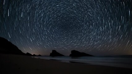 Wall Mural - Mesmerizing timelapse of star trails gracefully arcing across the night sky above a dark, quiet beach cosmic, science, astronomy