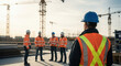 © K1drock - Construction worker in orange vest and blue hard hat from behind with team discussing at building site, teamwork concept