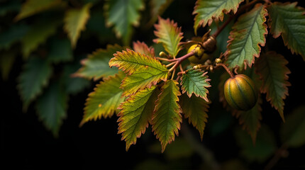 Close up of leaves and fruit on a tree branch outside