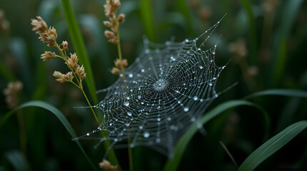 Spiderweb covered in dew drops hanging in the grass