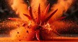© ida - An eye-level shot captures vibrant red chili peppers seemingly exploding outwards amidst a cloud of reddish-orange powder, creating a dramatic and dynamic composition with a dark background and...