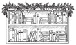 © BraveSpirit - Festive bookshelf with garland and string lights in classic black and white drawing – retro hand drawn illustration