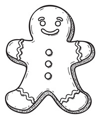 Wall Mural - Black and white gingerbread man outline with button details and smiling face – retro hand drawn illustration