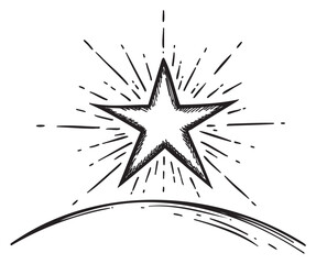 Wall Mural - Hand-drawn starburst above horizon with radiating lines in black and white drawing – retro hand drawn illustration