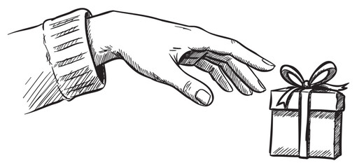 Wall Mural - Reaching hand towards gift box sketch illustration in black and white – retro hand drawn illustration