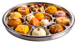 Assortment of colorful indian sweets arranged on a divided white plate for a festive presentation on transparent background