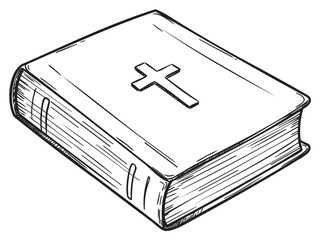 Wall Mural - Black and white sketch of closed bible with cross on cover – retro hand drawn illustration