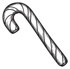 Wall Mural - Black and white sketch of a classic candy cane – retro hand drawn illustration