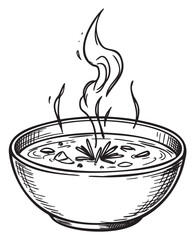 Wall Mural - Steaming hot soup bowl with vegetables and herbs - line art illustration – retro hand drawn illustration