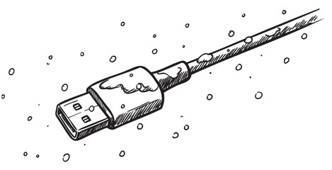 Wall Mural - Hand-drawn usb cable with snowflakes in black and white ink sketch – retro hand drawn illustration