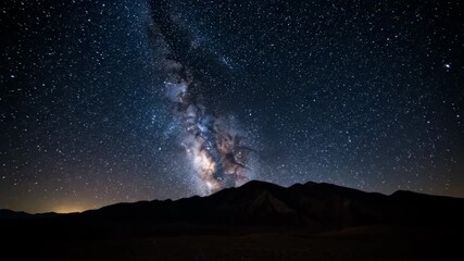 Wall Mural - ﻿Slow panning shot reveals the majestic Milky Way stretching across a dark desert mountain range under a starry night sky majestic Milky Way, dramatic, wilderness