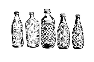 A group of vintage transparent glass water bottles on a white background clear