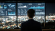© Kanunnat - Man suit analyzing data large digital screens with city lights background night, showing graphs and charts, representing business analytics