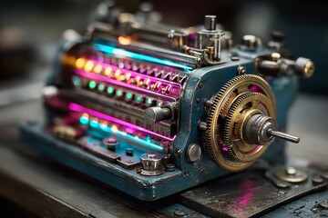 Wall Mural - A close-up view of a vintage steampunk machine with illuminated gears, showcasing intricate details and glowing neon lights.