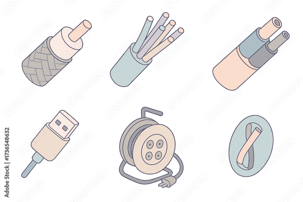 Wire and Cable Icons. Isometric vector illustration set Wire and cable ...