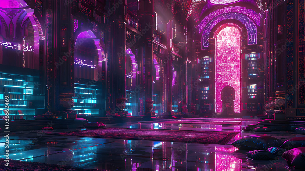 A mesmerizing scene unfolds within a grand hall, bathed in vibrant neon hues of pink and purple, creating an ethereal and futuristic atmosphere of wonder