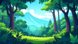 © Joko - Majestic forest clearing with distant mountains. Green forest and mountains blending in nature. Vivid green forest under a bright sky. Wide open forest view with mountain backdrop.