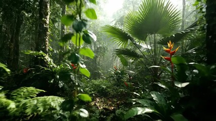 Wall Mural - slow tracking shot through dense, vibrant tropical island jungle foliage with soft diffused light ex