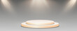 © Iryna - Podium, empty pedestal with light for awarding, prize giving, honor vector png. A stage display case for displaying cosmetics or other products. Product advertising stand.