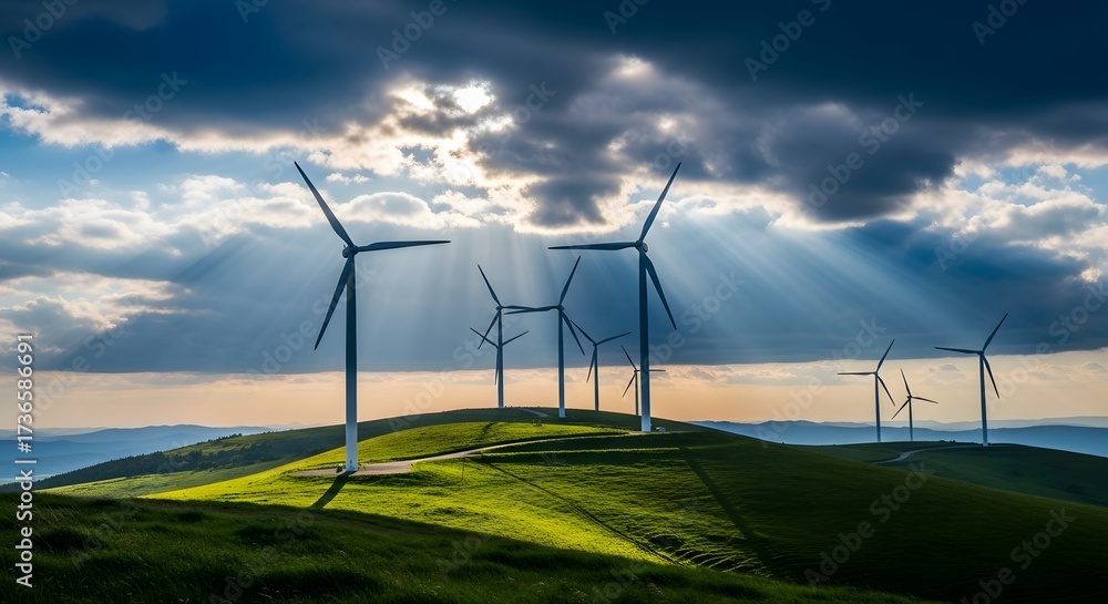 Wind Turbines on a Green Hill with Dramatic Sky Renewable Energy ...