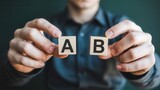 Man's hands hold wooden blocks with letters A and B, symbolizing choice, options, or testing in business and decision-making processes.