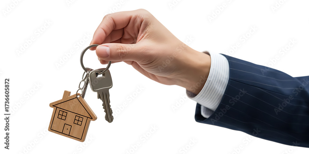 Hand holding house keys with wooden charm, close-up photograph, cutout ...