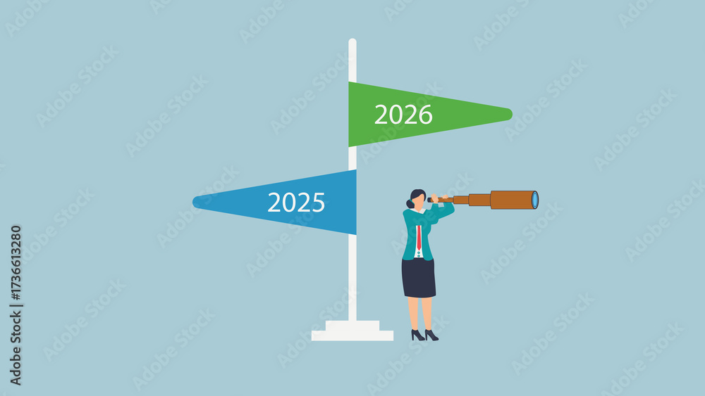 Businesswoman looks to the future with a telescope, planning for 2025 ...