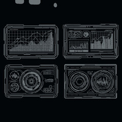 Set of four futuristic user interface panels with data visualizations, graphs, and circular HUD elements on a dark background.